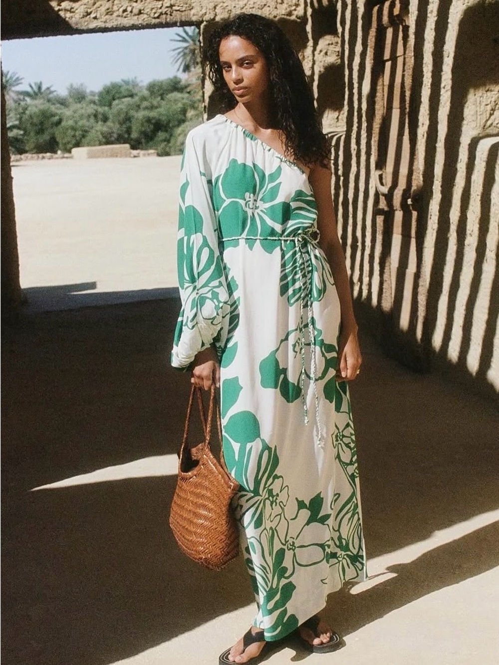 Faithfull the Brand Masika Maxi Dress With Green Tropical Leaf Print US 4